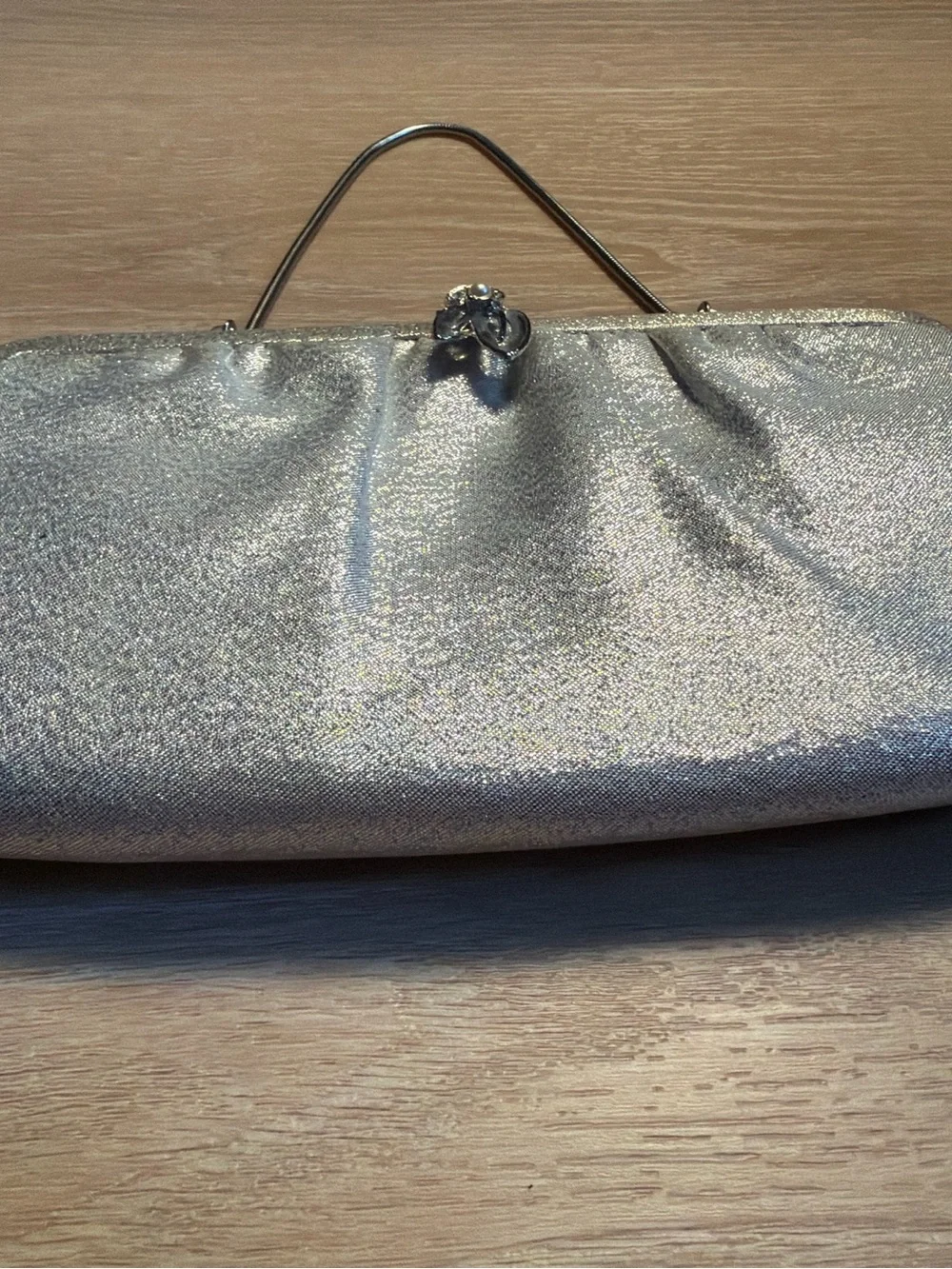 Vintage 1960s Silver Lamé Evening Clutch Bag with Structured Metal Top Handle